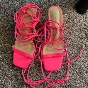 Hot Pink Lace-Up Block Heel Sandals – Square Toe – Size 6
